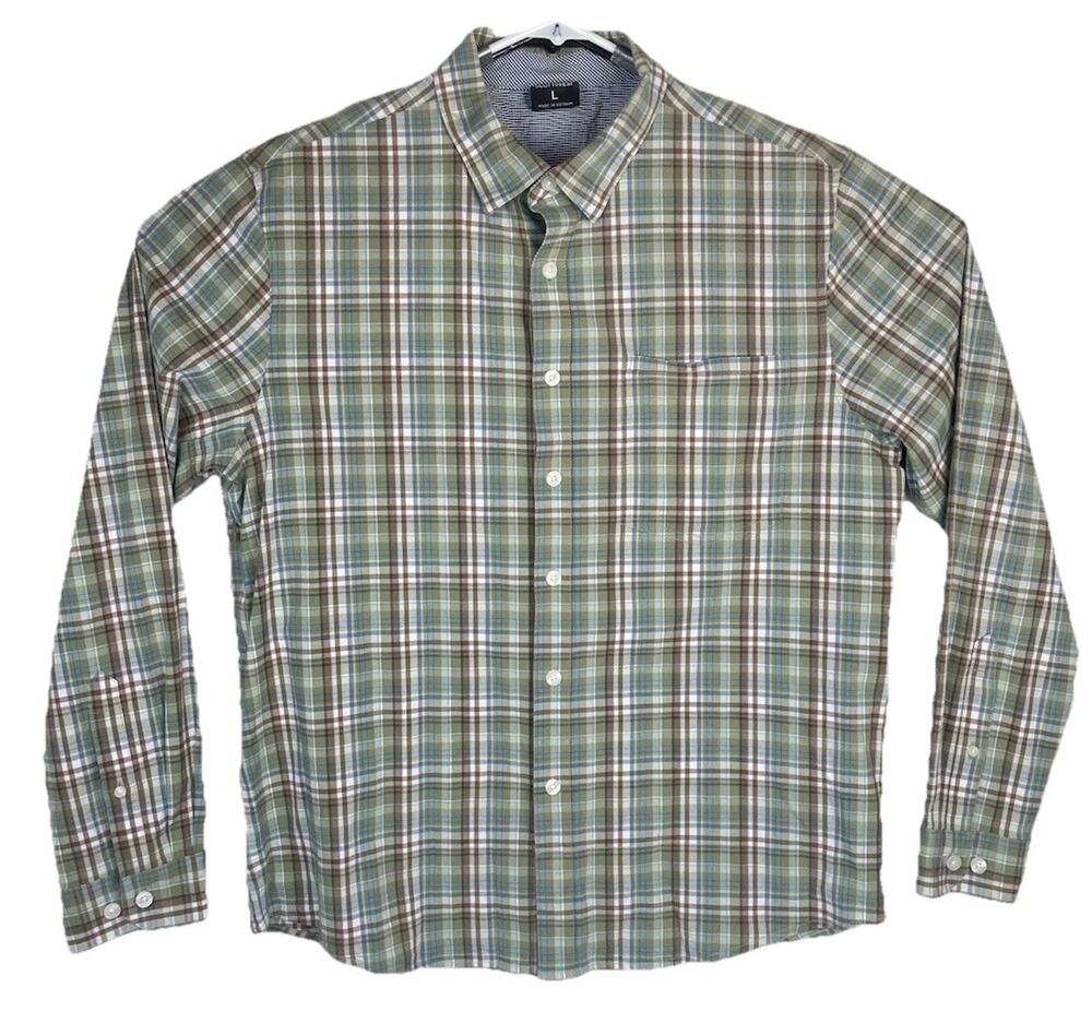 SCOTTeVEST Shirt Mens Large Button Down Plaid Zip Side Utility Pockets Casual
